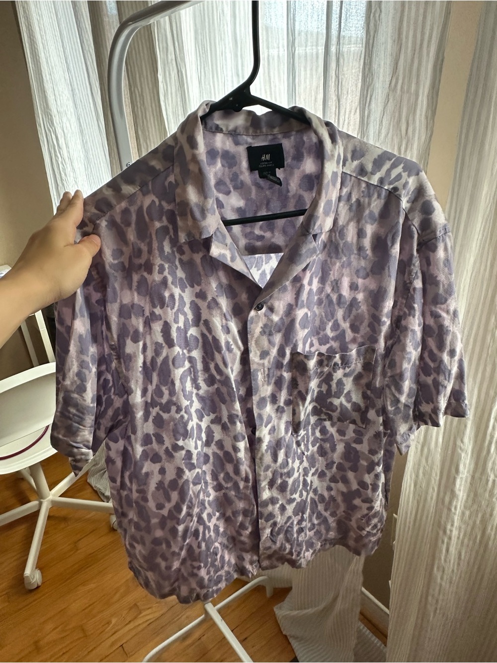 H&M Lavender Leopard Print Short Sleeve Button-Down Shirt